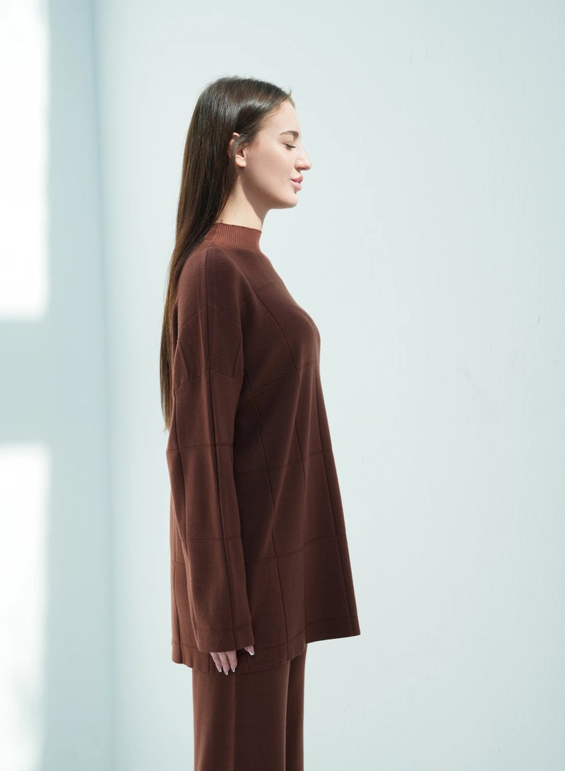 Andy 2316 | Women's Premium Knitwear Two-Piece Set – Long-Sleeve High-Neck Tunic Top with Relaxed Wide-Leg Trousers | Elegant & Versatile Outfit for Everyday Comfort and Style | Chocolate - Image 4