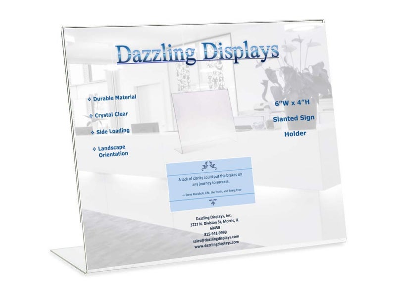 Dazzling Displays Dazzling Displays Clear Acrylic Sign Holder 6 x 4  Clear Slanted Sign Holder  Premium Acrylic Sign Holder for Office Retail Tradeshow and Home Use 6 Pack 