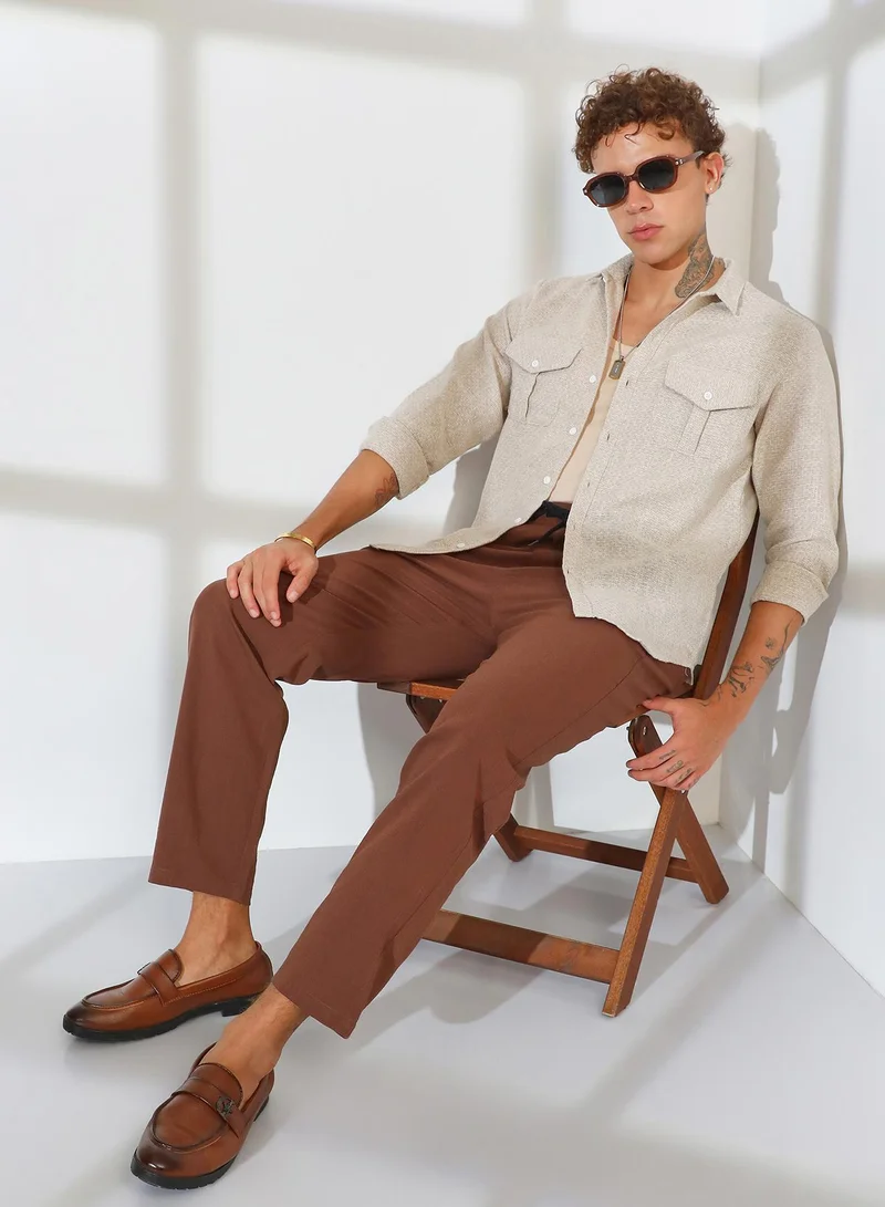 Campus Sutra Men's Tan Brown & Ivory White Basket-Weave Shirt