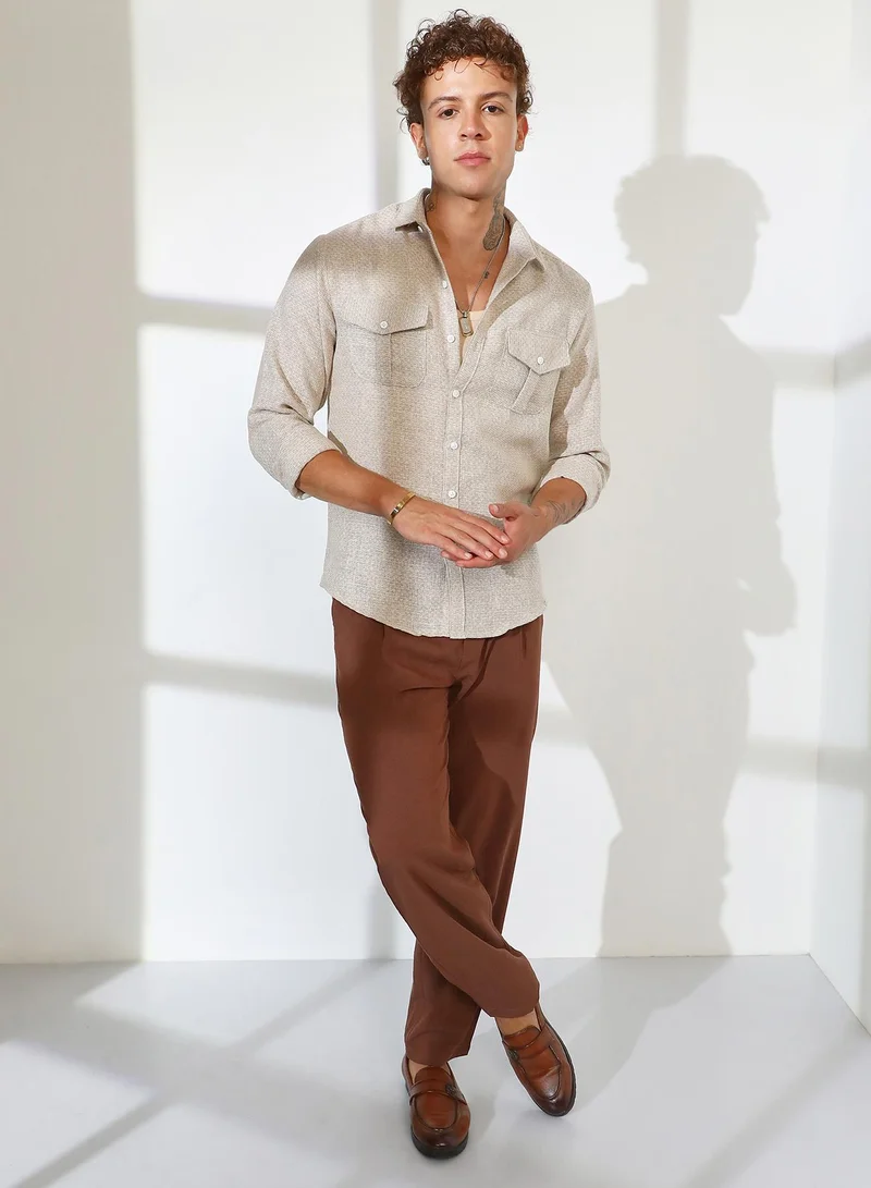 Campus Sutra Men's Tan Brown & Ivory White Basket-Weave Shirt