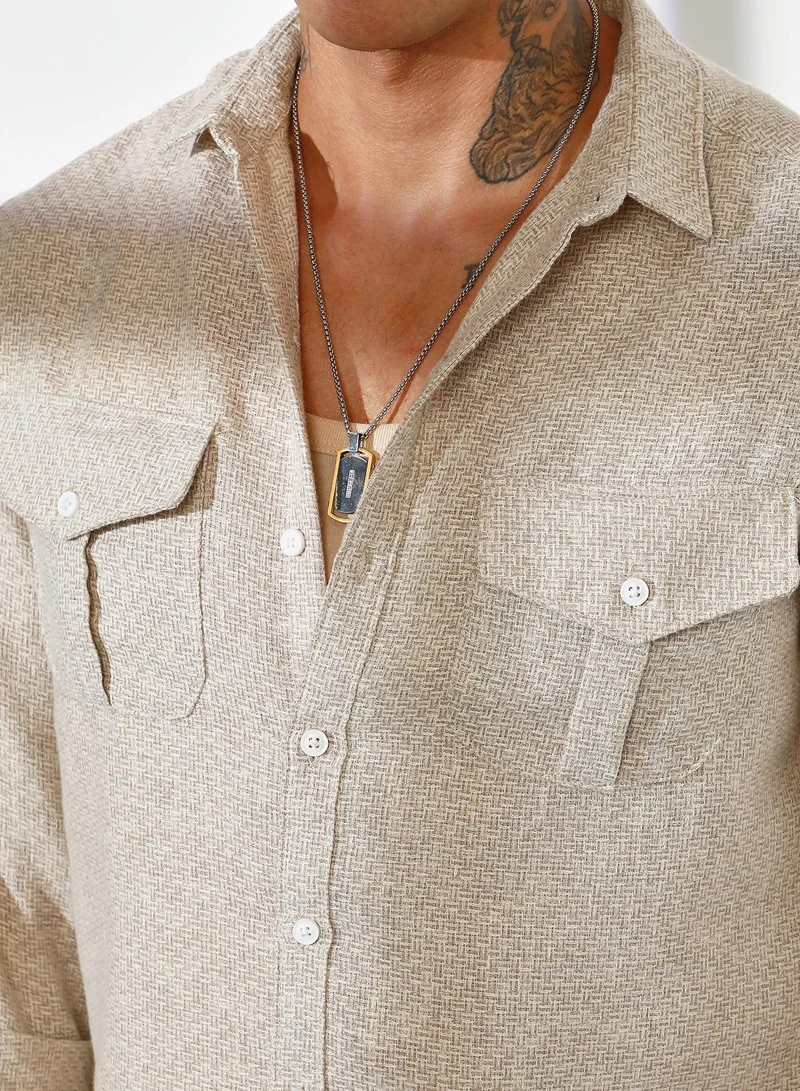 Campus Sutra Men's Tan Brown & Ivory White Basket-Weave Shirt