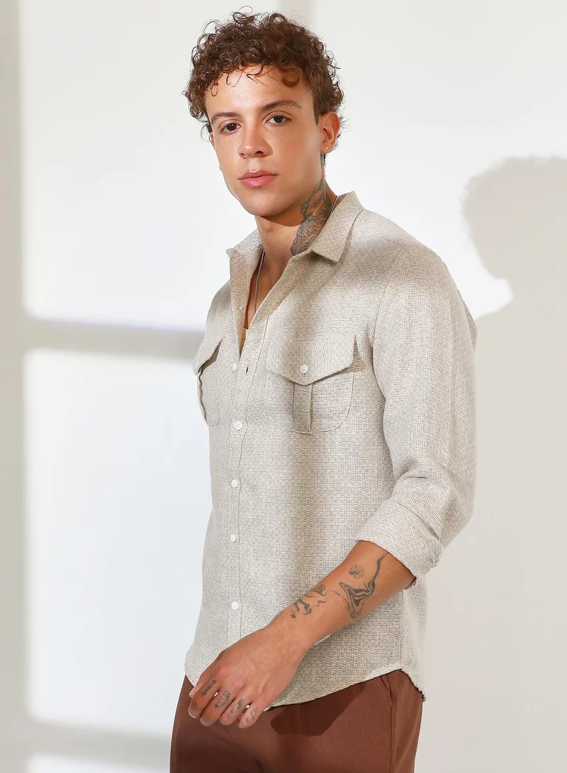 Campus Sutra Men's Tan Brown & Ivory White Basket-Weave Shirt