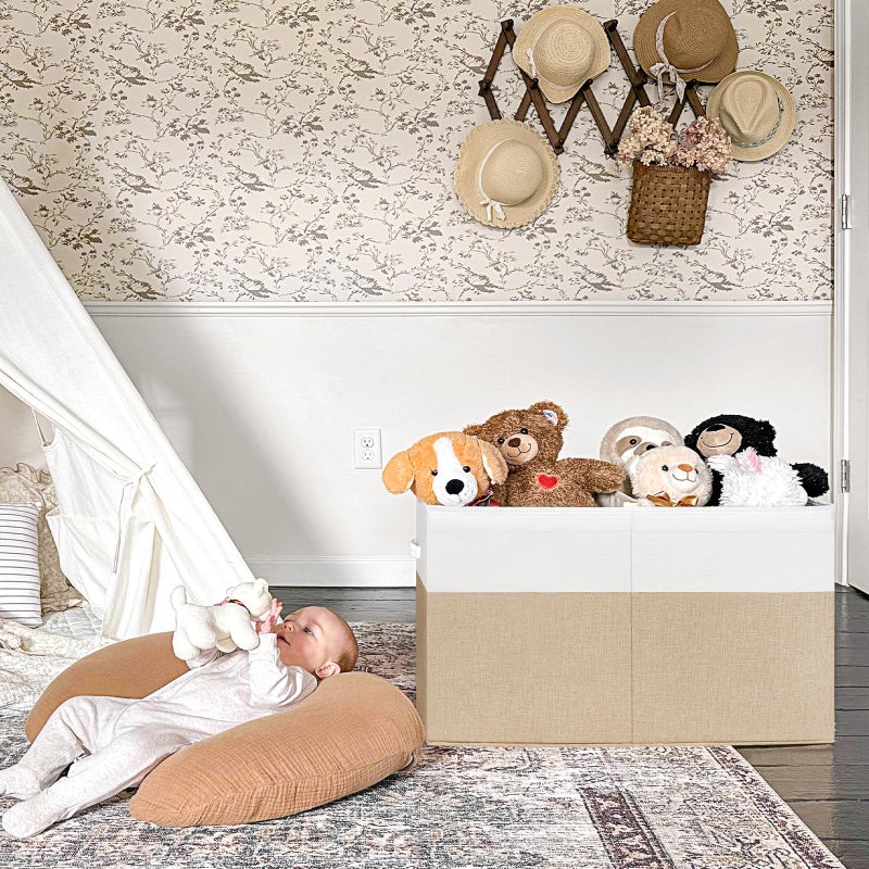 INDRESSME Large Toy Box with Lid, Collapsible Toy Storage Organizer Chest with Divider, Foldable Toy Bin for Kids Boys Girls Playroom Nursery Bedroom Living Room 25"x16"x13" (Beige & White) - Image 3