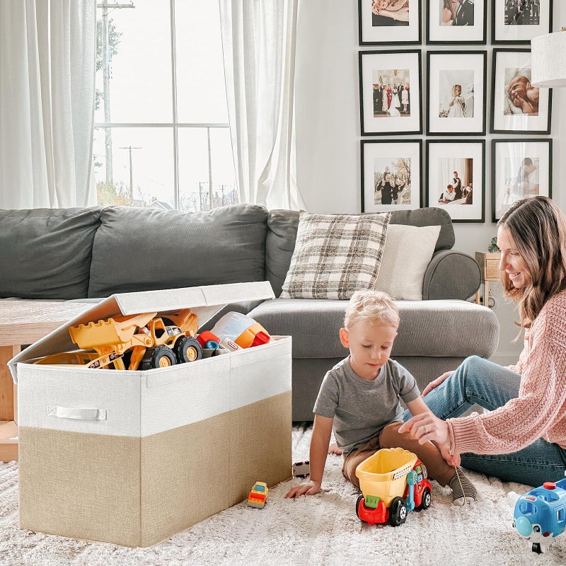 INDRESSME Large Toy Box with Lid, Collapsible Toy Storage Organizer Chest with Divider, Foldable Toy Bin for Kids Boys Girls Playroom Nursery Bedroom Living Room 25"x16"x13" (Beige & White) - Image 2