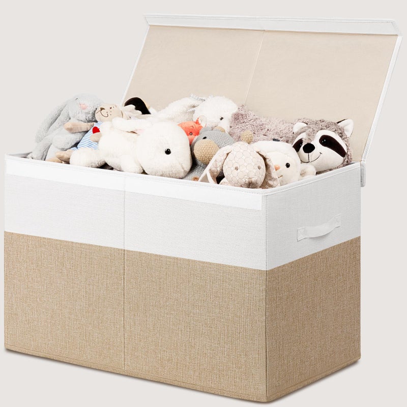 INDRESSME Large Toy Box with Lid, Collapsible Toy Storage Organizer Chest with Divider, Foldable Toy Bin for Kids Boys Girls Playroom Nursery Bedroom Living Room 25"x16"x13" (Beige & White) - Image 1