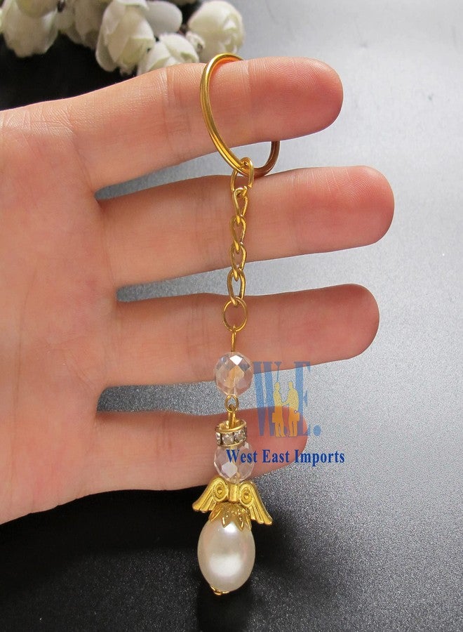 Artist Unknown Angel Design Keychain Favors (12 PCS) Pearl Crystal Keychain Ring Baptism Party Favor Christening Gold Chain - Image 5