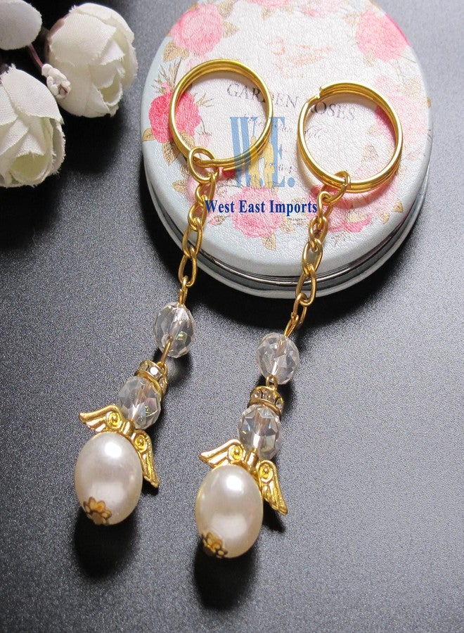 Artist Unknown Angel Design Keychain Favors (12 PCS) Pearl Crystal Keychain Ring Baptism Party Favor Christening Gold Chain - Image 4
