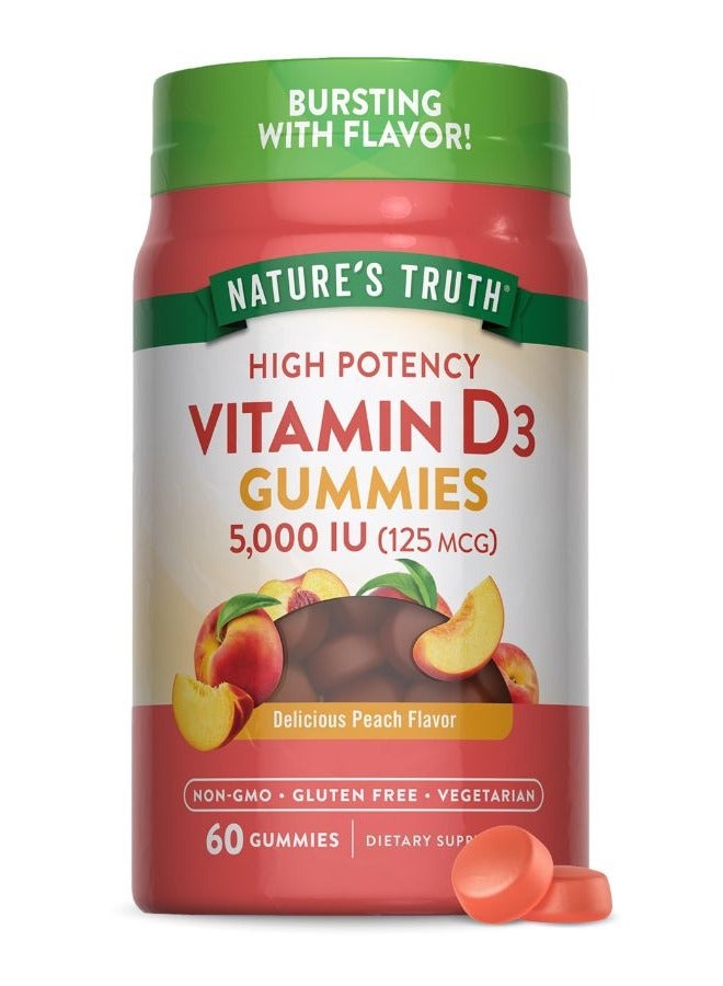 Vitamin D3 Gummies 5000 Iu 60 Count Peach Flavor Vegetarian, Non Gmo Gluten Free Supplement