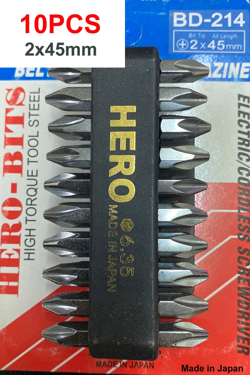 Hero Screwdriver Power Bit 2x45mm, 2 Phillips Bit 45mm - Pack of 10 bits chrome