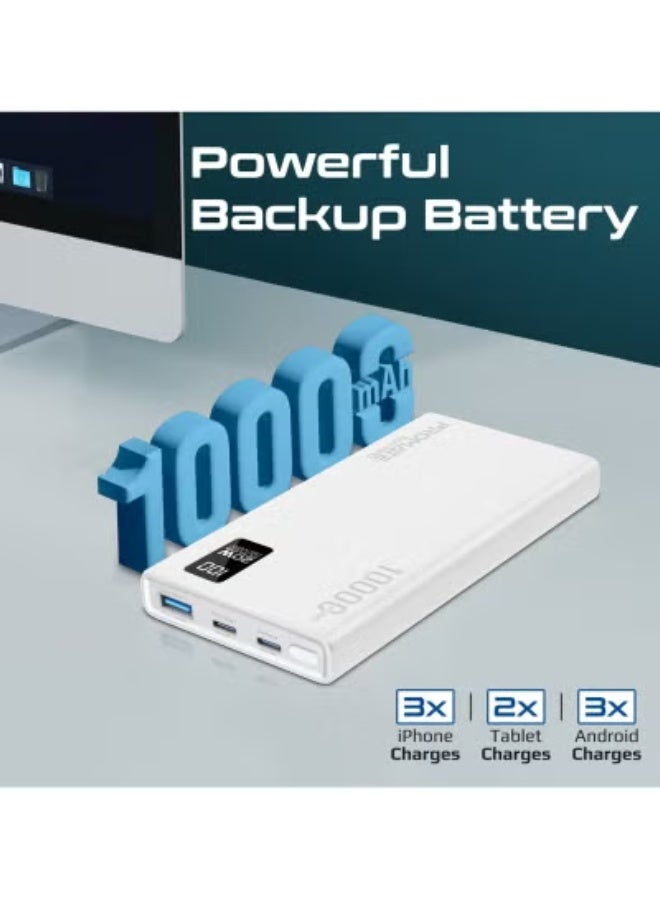 Bolt-10PD 10000mAh Ultra-Slim Fast Charging Power Bank with 20W USB-C PD Input/Output, QC 3.0 Dual USB Ports, LCD Battery Display, Smart Safety Protection for Smartphones, Tablets & Devices – Compact & Portable Charger – White
