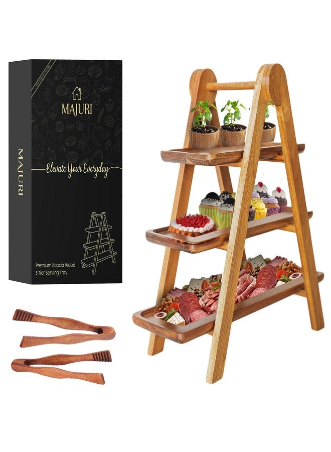 MAJURI 3 Tier Wooden Serving Tray, Halloween Serving Tray, Set of 2 Tongs Free, Tiered Serving Trays for Party, Picnic, Your Perfect Elevated Charcuterie Stand and for 3 Tiered Dessert Stand Lovers - Image 1