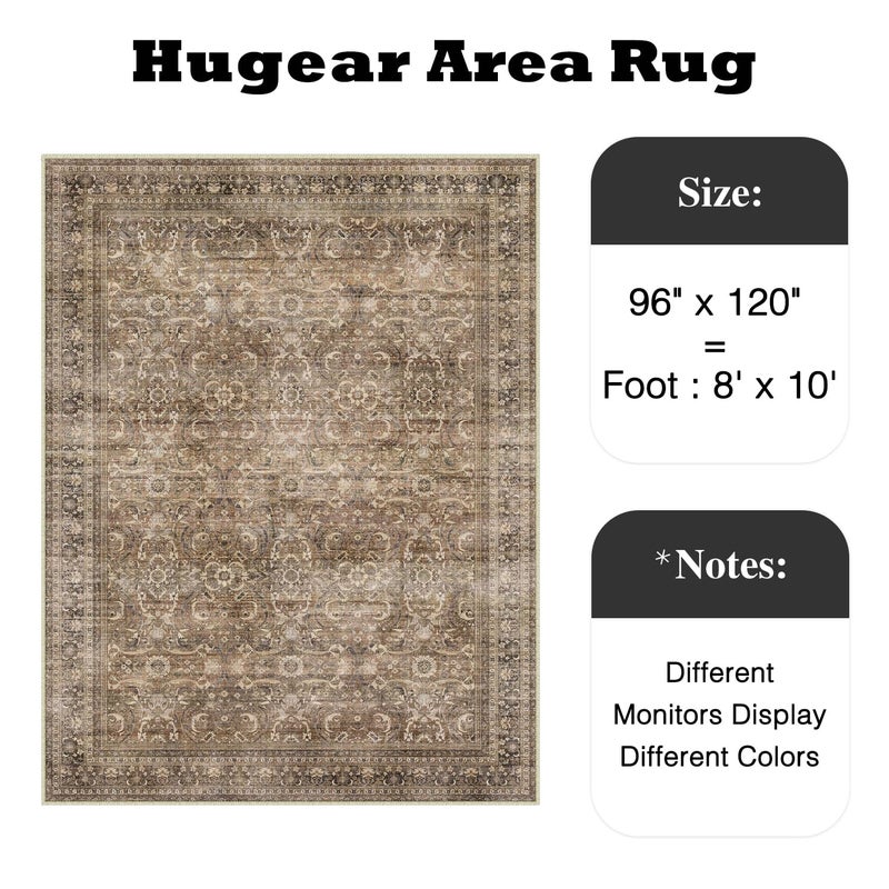 HUGEAR Area Rug 8x10 Vintage Brown Machine Washable Living Room Rugs Distressed Retro Floral Vacuumable Low Pile Carpet Bedroom Office Dining Room Laundry Room Non Slip Soft Lightweight - Image 2