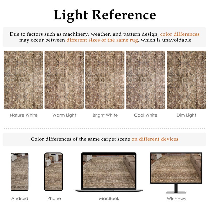 HUGEAR Area Rug 8x10 Vintage Brown Machine Washable Living Room Rugs Distressed Retro Floral Vacuumable Low Pile Carpet Bedroom Office Dining Room Laundry Room Non Slip Soft Lightweight - Image 4
