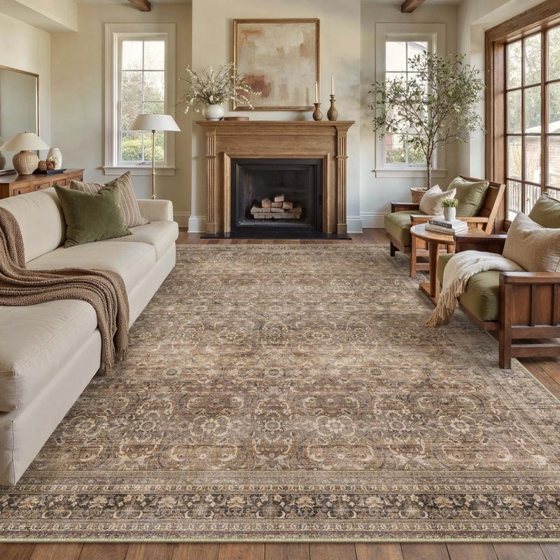 HUGEAR Area Rug 8x10 Vintage Brown Machine Washable Living Room Rugs Distressed Retro Floral Vacuumable Low Pile Carpet Bedroom Office Dining Room Laundry Room Non Slip Soft Lightweight - Image 1