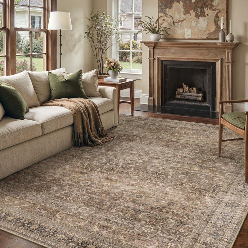 HUGEAR Area Rug 8x10 Vintage Brown Machine Washable Living Room Rugs Distressed Retro Floral Vacuumable Low Pile Carpet Bedroom Office Dining Room Laundry Room Non Slip Soft Lightweight - Image 3