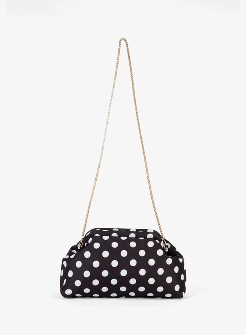 Women's Nehir Black‑White Polka‑Dot Lined Flap‑Closure Removable Chain‑Strap Hand, Wrist and Shoulder Bag.