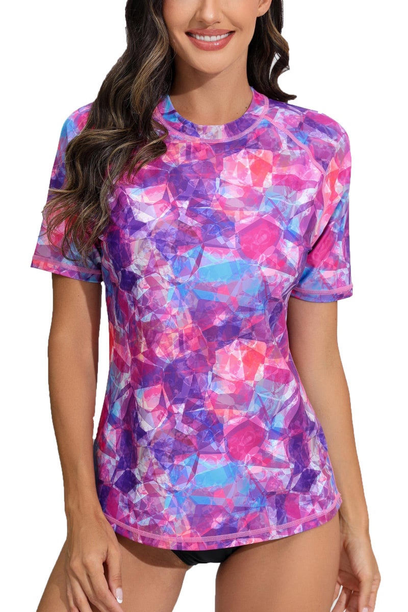 Halcurt Women's Short Sleeve Rash Guard Swimsuit Top with Built in Bra Swim Shirt UPF50+ Quick Dry Bathing Suit Purple Geomatric M - Image 1
