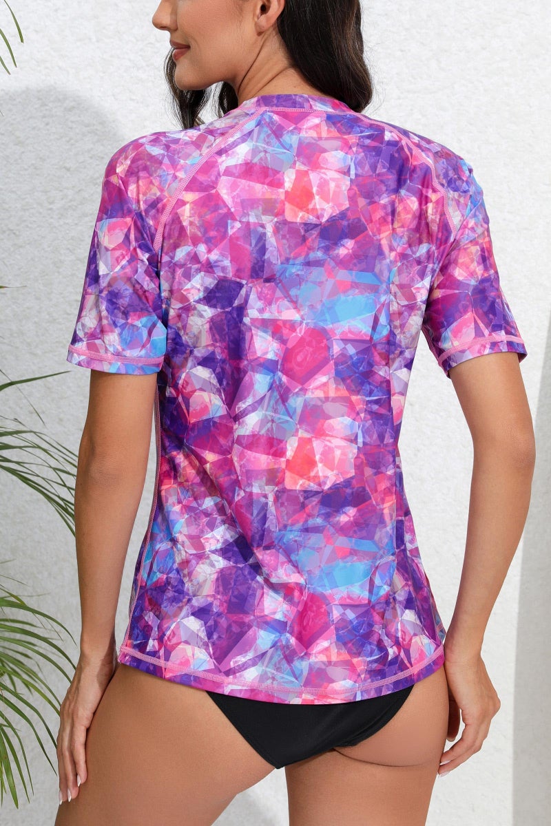 Halcurt Women's Short Sleeve Rash Guard Swimsuit Top with Built in Bra Swim Shirt UPF50+ Quick Dry Bathing Suit Purple Geomatric M - Image 2