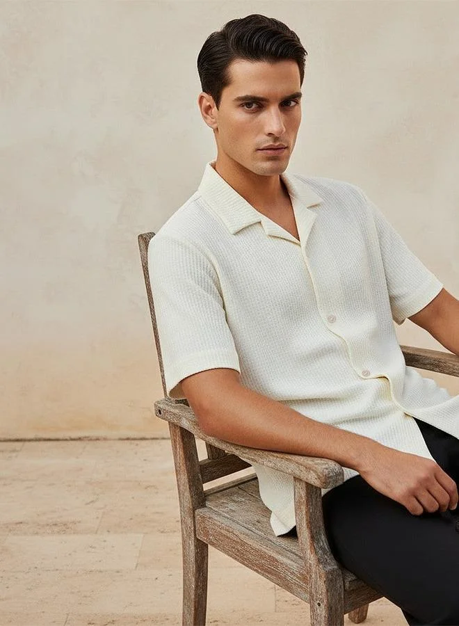 Iconic Beige Iconic Regular Fit Camp Collar Textured Short Sleeves Shirt for Men | Best Price UAE