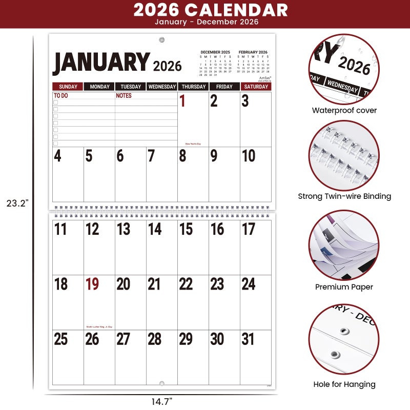 Artfan 2026 Wall Calendar - 2026 Large Wall Calendar, Jan. 2026 - Dec. 2026, 14.7'' x 23.2''(Open), Big Calendars 2026, 12 Months Jumbo Large Print 2026 Calendar, 14.7'' x 11.6''(Close), Twin-Wire Binding - Image 4