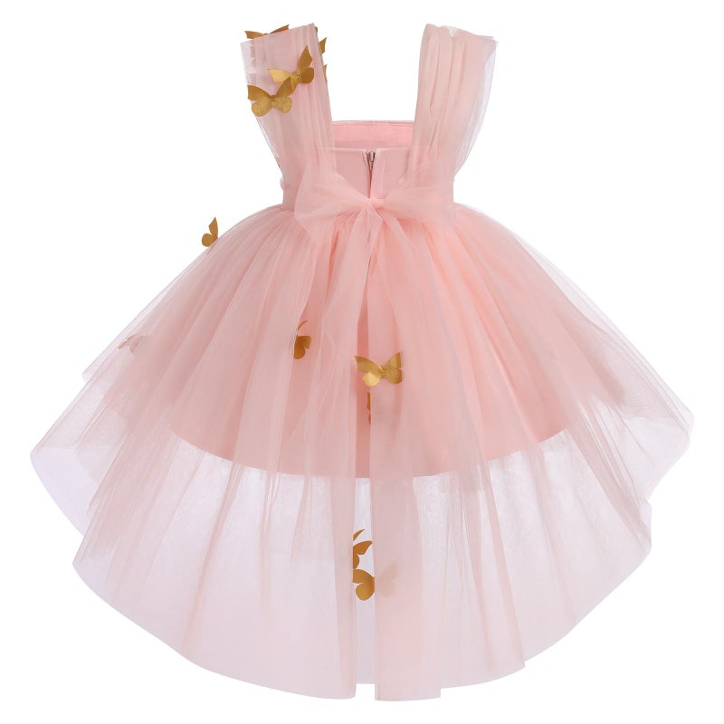 IDOPIP Flower Girl Butterfly High Low Tutu Dress for Kids Baby First Communion Wedding Party Dresses Toddler Little Princess Pageant Birthday Baptism Tulle Dresses Pink + Gold Butterfly 2-3 Years - Image 4