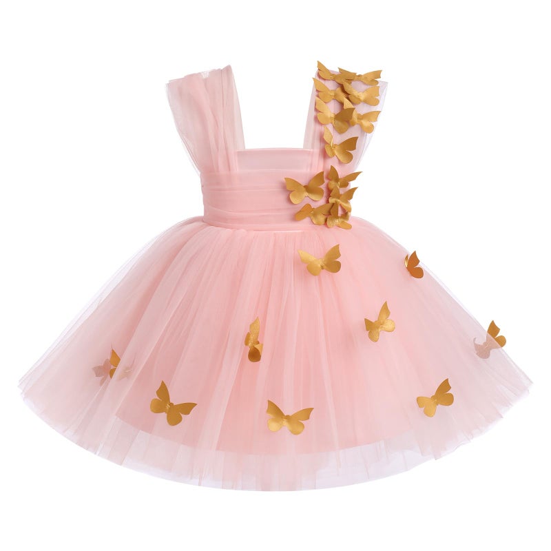 IDOPIP Flower Girl Butterfly High Low Tutu Dress for Kids Baby First Communion Wedding Party Dresses Toddler Little Princess Pageant Birthday Baptism Tulle Dresses Pink + Gold Butterfly 2-3 Years - Image 3