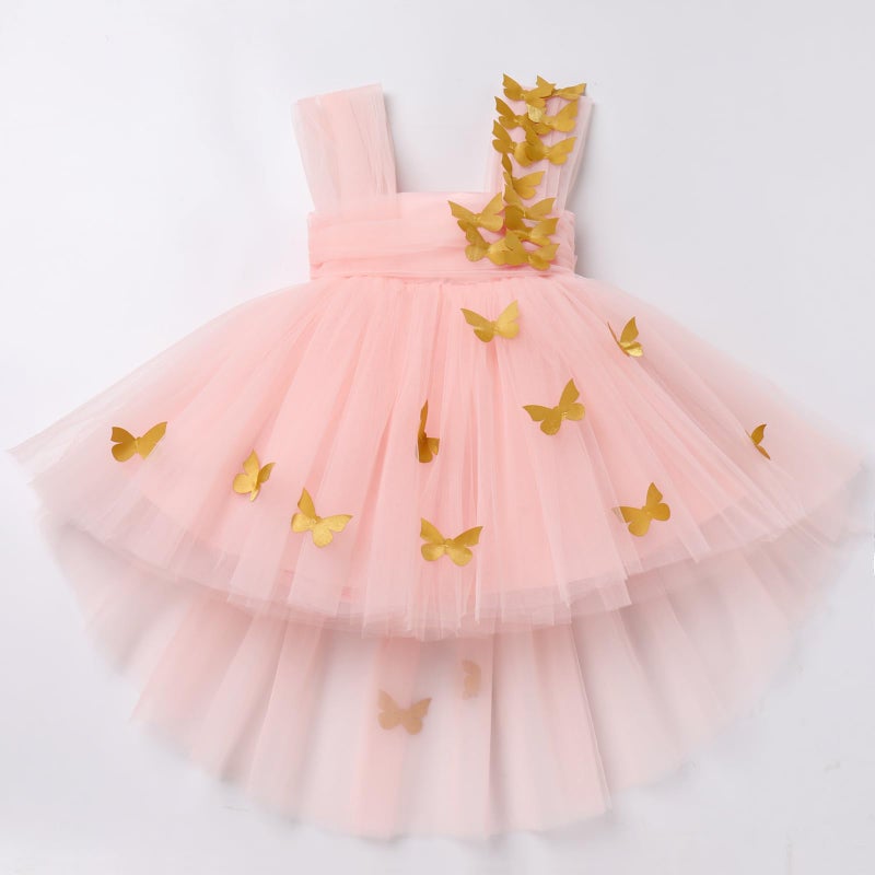 IDOPIP Flower Girl Butterfly High Low Tutu Dress for Kids Baby First Communion Wedding Party Dresses Toddler Little Princess Pageant Birthday Baptism Tulle Dresses Pink + Gold Butterfly 2-3 Years - Image 5