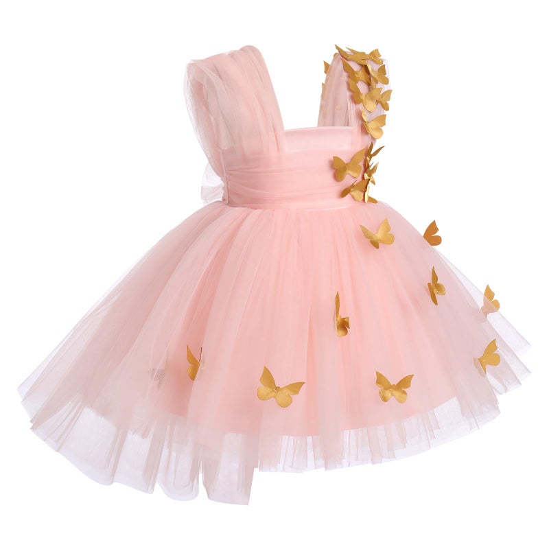 IDOPIP Flower Girl Butterfly High Low Tutu Dress for Kids Baby First Communion Wedding Party Dresses Toddler Little Princess Pageant Birthday Baptism Tulle Dresses Pink + Gold Butterfly 2-3 Years - Image 1