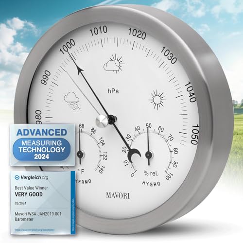 MAVORI® 3in1 Weather Station Analog - Barometer, Hygrometer & Thermometer for Indoor - Ø 13,5cm Stainless Steel Frame with Acrylic Glass - Great Barometers for Home - Barometric Pressure Gauge - Image 1