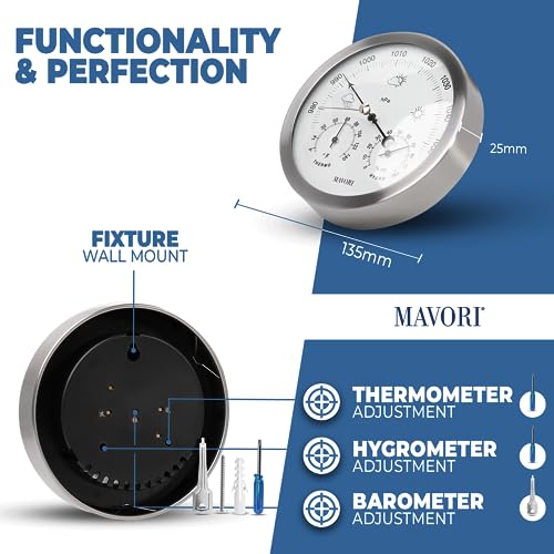 MAVORI® 3in1 Weather Station Analog - Barometer, Hygrometer & Thermometer for Indoor - Ø 13,5cm Stainless Steel Frame with Acrylic Glass - Great Barometers for Home - Barometric Pressure Gauge - Image 3