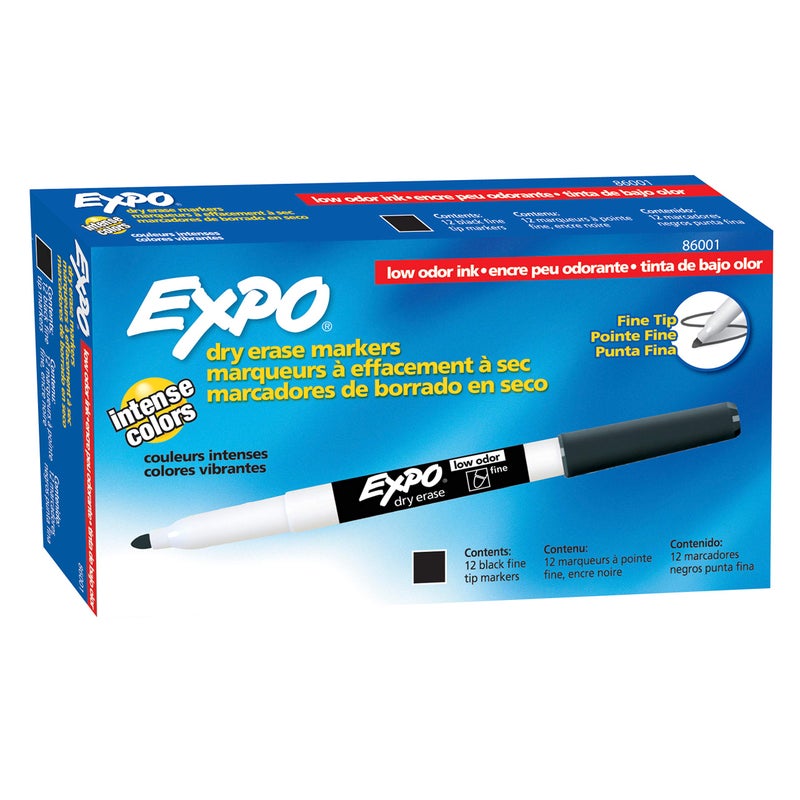 EXPO Dry Erase Markers, Low Odor Ink, Black, Fine Tip, 12 Count - Whiteboard, Calendar, Organization, Essential Supplies for Office, School, Classroom, Teachers - Image 1