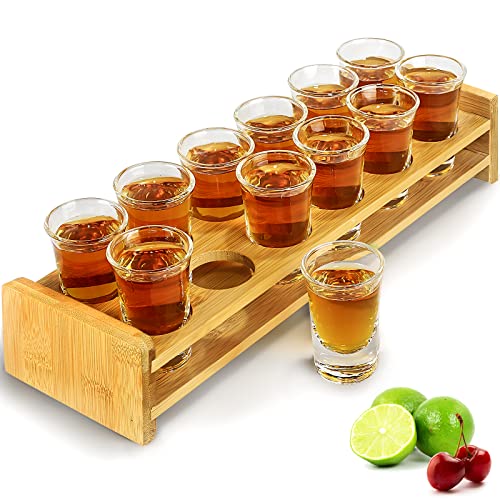 Supwinnet Supwinnet Shot Glasses Set 12pcs 30ml1oz Shot Glass Tray Holder Organizer Straight Thick Base Clear Whiskey Tequila Glass Cups for Liqueurs Party Club Home Bar Drinking Set of 12