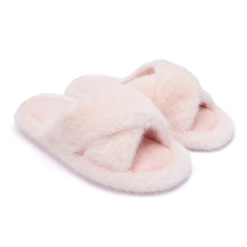 Chantomoo Womens Slippers Memory Foam Fuzzy Cross Band Faux Fur Slippers for Women Gift Pink Size 9 10 8.5 - Image 1