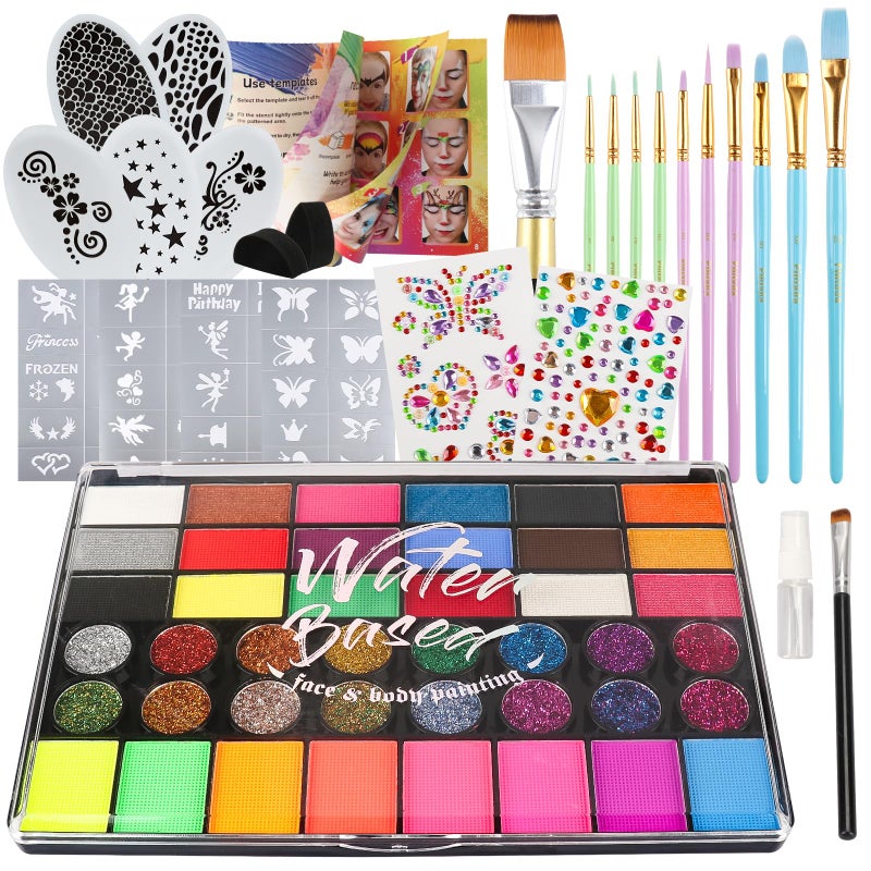 Pintada 42 Color Face Painting Kit for Party - Non Toxic Water Activated Face Paint Palette With Stencils, Brush, Gems. For Carnival, Halloween, Costume Makeup and Festivals & Events - Image 1
