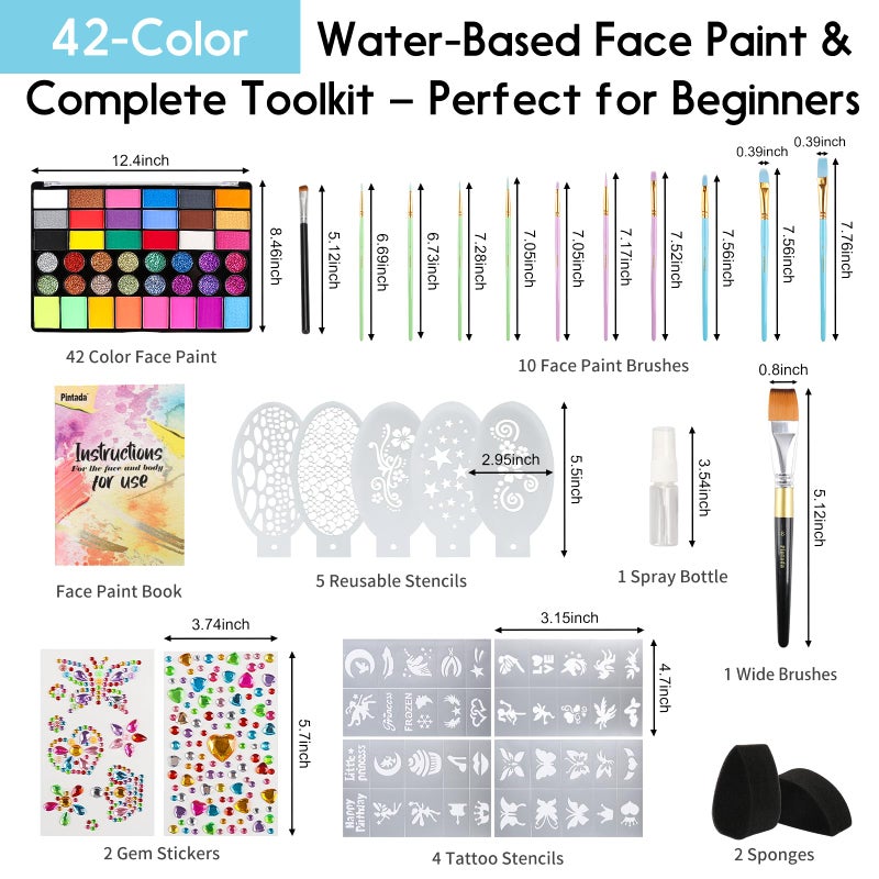 Pintada 42 Color Face Painting Kit for Party - Non Toxic Water Activated Face Paint Palette With Stencils, Brush, Gems. For Carnival, Halloween, Costume Makeup and Festivals & Events - Image 2