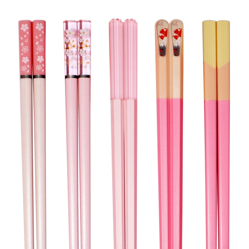 HELERKOL 5 Pairs Pink Fiberglass Chopsticks Japanese Korean Chopstick Reusable NonSlip Dishwasher Safe 96 Inches Long 5 Patterns
