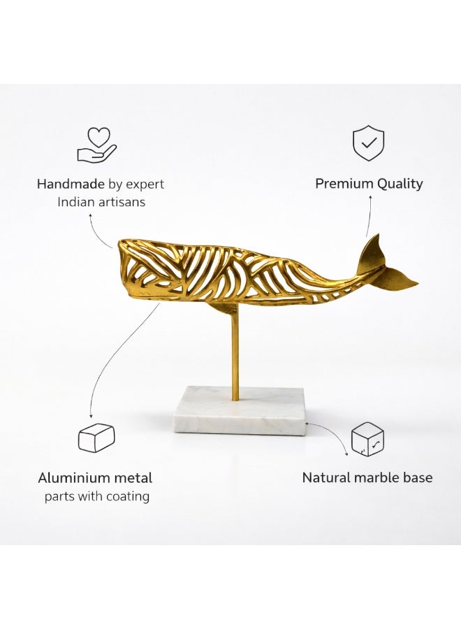 Handmade Golden Whale Sculpture on Marble Base - Image 4
