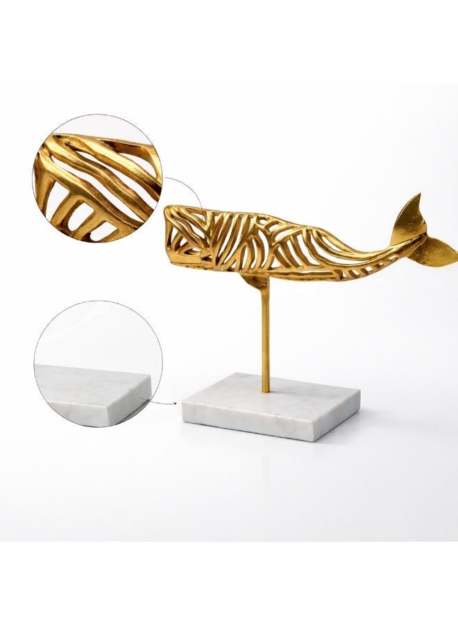 Handmade Golden Whale Sculpture on Marble Base - Image 2