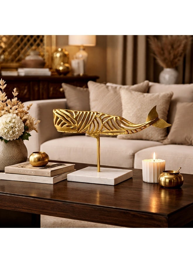 Handmade Golden Whale Sculpture on Marble Base - Image 1