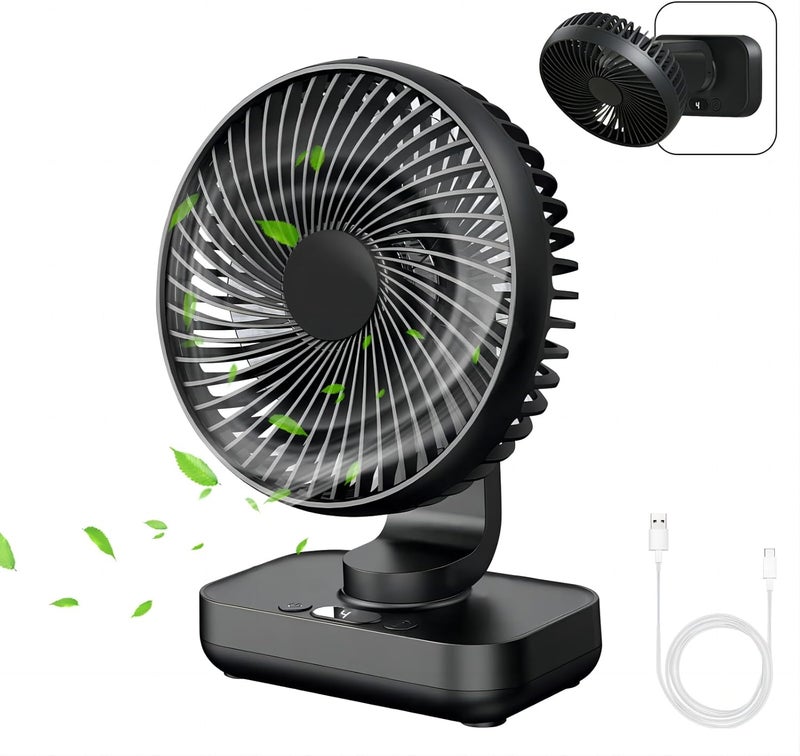 MERTTURM USB Desk Fan, Small Oscillating Table Fan for Bedroom with 4 Speeds, Ultra Quiet and LED Display, Rechargeable 4000mAh Battery Mini Table Fan with Hang Hook for Home Office, Black - Image 1