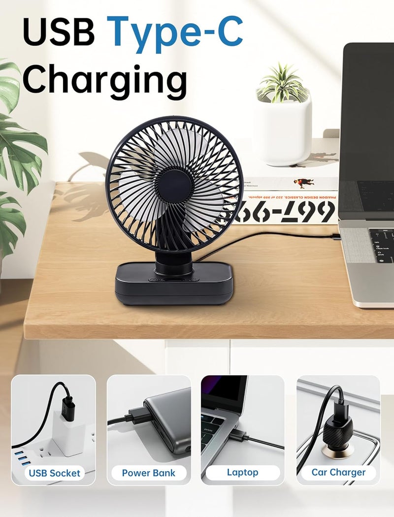 MERTTURM USB Desk Fan, Small Oscillating Table Fan for Bedroom with 4 Speeds, Ultra Quiet and LED Display, Rechargeable 4000mAh Battery Mini Table Fan with Hang Hook for Home Office, Black - Image 5