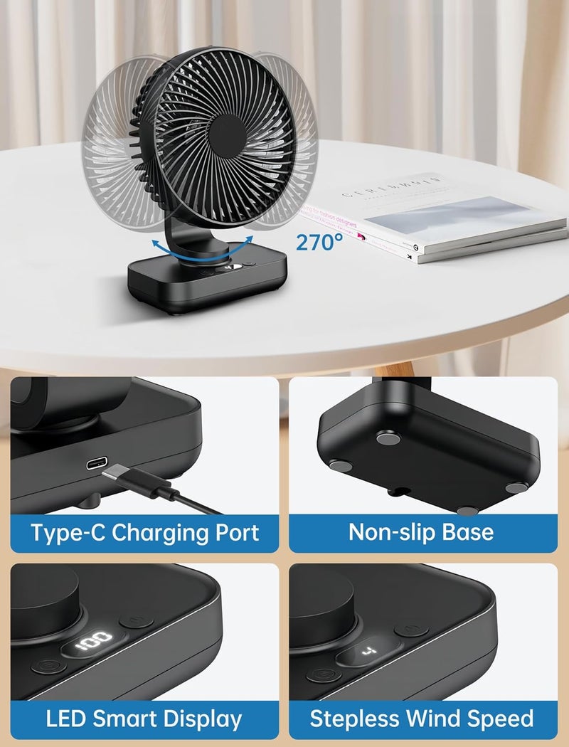 MERTTURM USB Desk Fan, Small Oscillating Table Fan for Bedroom with 4 Speeds, Ultra Quiet and LED Display, Rechargeable 4000mAh Battery Mini Table Fan with Hang Hook for Home Office, Black - Image 4