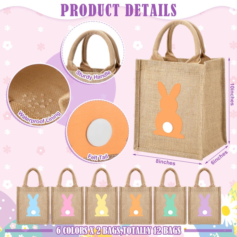 GliCraft 12 Pack Easter Burlap Gift Bags Large Bunny Jute Bags with Handle and Waterproof Lining Reusable Burlap Tote Bag for Kids Egg Hunt Game Spring Easter Party Supplies, 8''x10''x6'' - Image 2