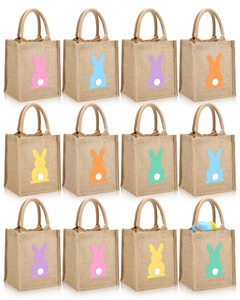 GliCraft 12 Pack Easter Burlap Gift Bags Large Bunny Jute Bags with Handle and Waterproof Lining Reusable Burlap Tote Bag for Kids Egg Hunt Game Spring Easter Party Supplies, 8''x10''x6'' - Image 1