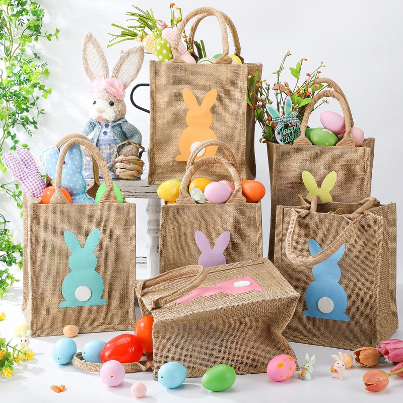 GliCraft 12 Pack Easter Burlap Gift Bags Large Bunny Jute Bags with Handle and Waterproof Lining Reusable Burlap Tote Bag for Kids Egg Hunt Game Spring Easter Party Supplies, 8''x10''x6'' - Image 3