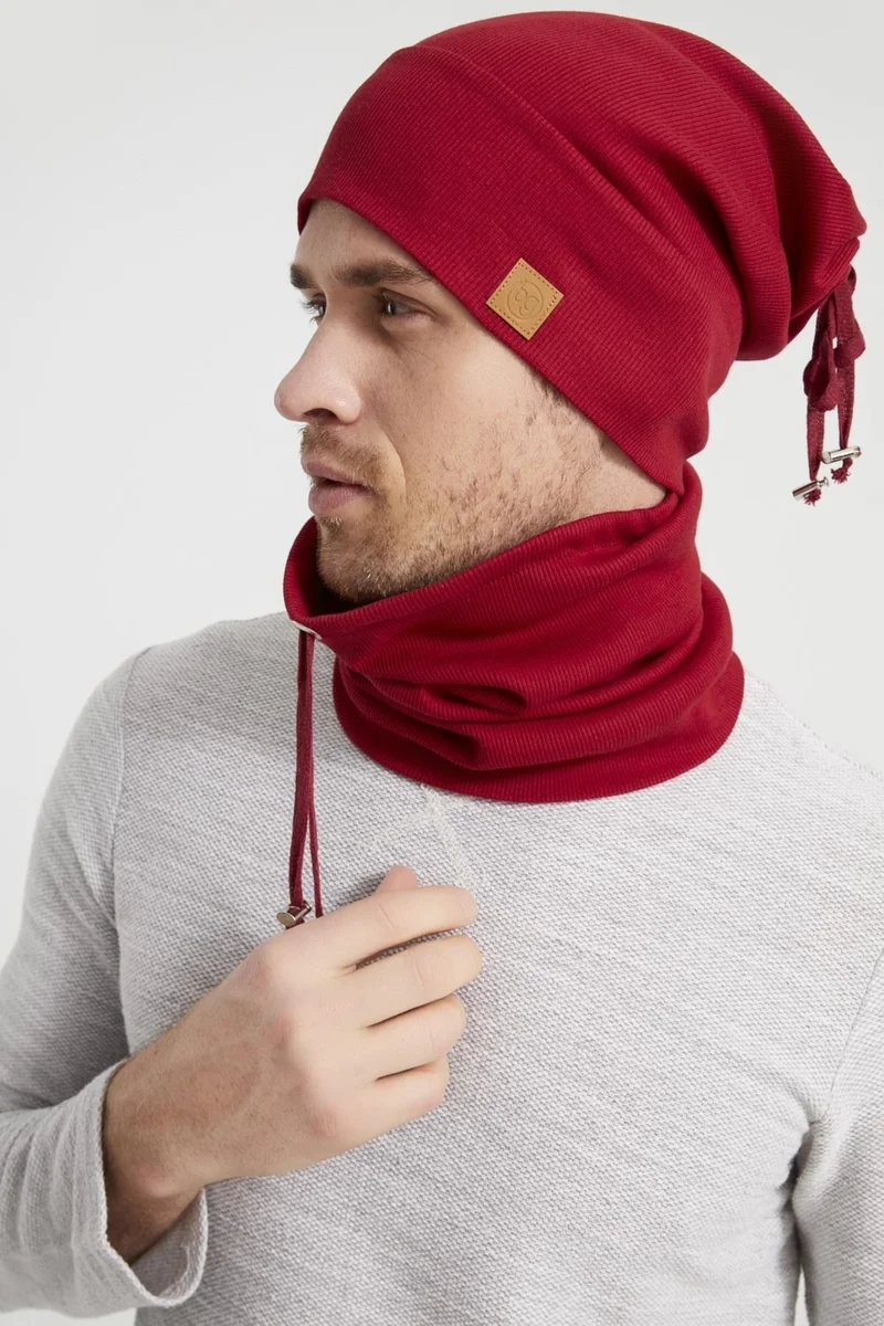 بوتيكجيز Burgundy Men's Young Red Cherry Rope Hat Beanie Neck Collar Suit Sports Comfortable Cotton Handmade
