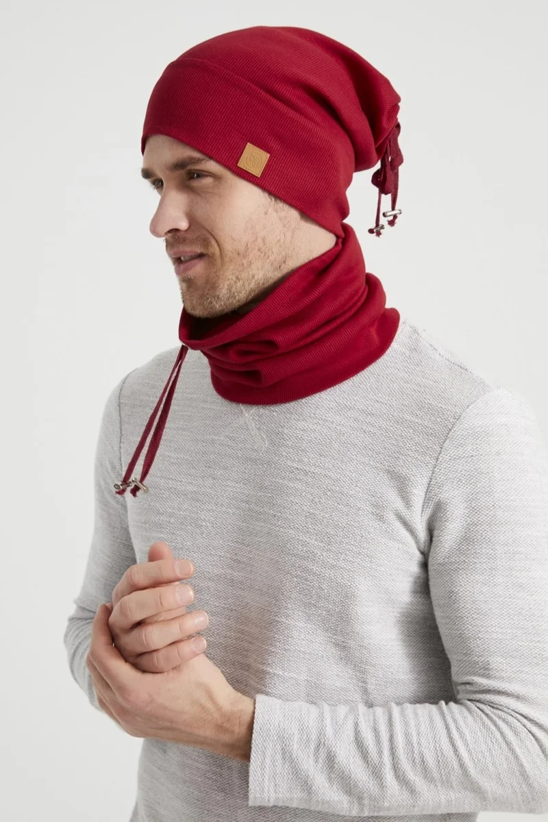 بوتيكجيز Burgundy Men's Young Red Cherry Rope Hat Beanie Neck Collar Suit Sports Comfortable Cotton Handmade