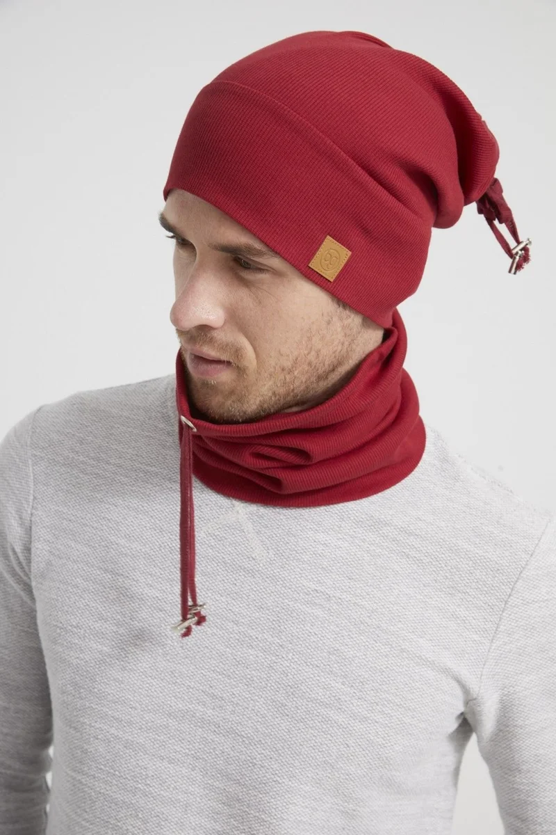 بوتيكجيز Burgundy Men's Young Red Cherry Rope Hat Beanie Neck Collar Suit Sports Comfortable Cotton Handmade