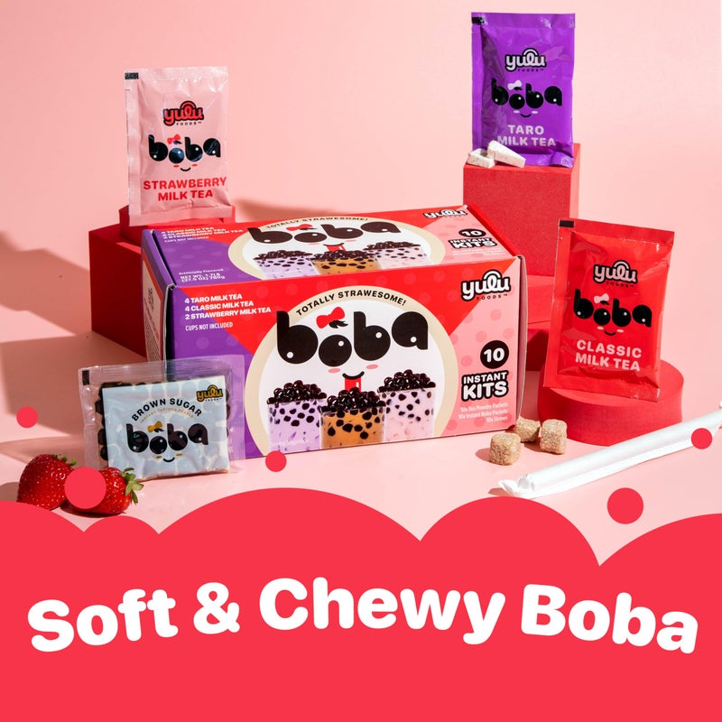Boba Bundle Kit 10 Serv. Instant Bubble Pearl Variety Milk Tea Kit with Authentic Brown Sugar Tapioca Pearls by Yulu Foods - Ready in Under 1 Minute, Includes Paper Straws - Gift Box, Holiday (Classic, Taro and Strawberry) - Image 2