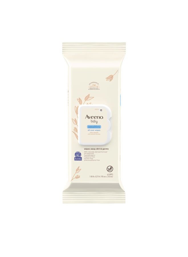 Aveeno Baby Sensitive All Over Wipes with Aloe & Natural Oat Extract for Face, Bottom, Hands & Body, pH-Balanced, Hypoallergenic, Fragrance-, Phenoxyethanol- & Alcohol-Free, 64 ct  - Image 1